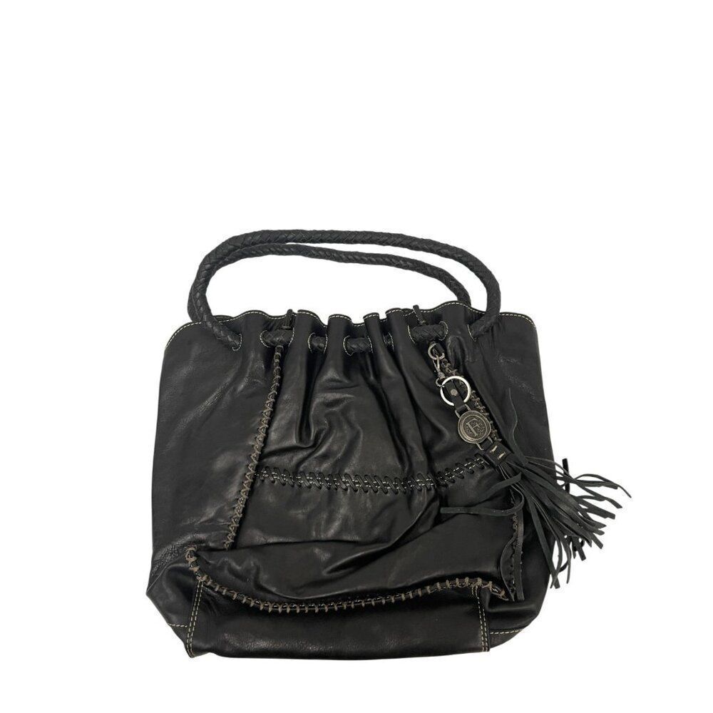 Firenze Bella Womens Handbag Satchel Purse Black Heavy Zig Zag Stitched